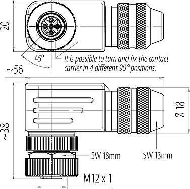 Dessin coté M12 Connecteur femelle coudé, Contacts: 4, 6,0-8,0 mm, blindable, pince à visser, IP67, UL 2238, avec anneau de protection