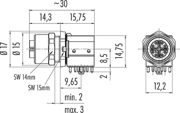 Scale drawing M12 Female panel mount connector, Contacts: 8, shieldable, THT, IP67, UL, M12x1.0, Rear mounting