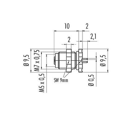Scale drawing M5 Female panel mount connector, Contacts: 4, unshielded, THT, IP67, M5x0.5, Rear mounting, potted