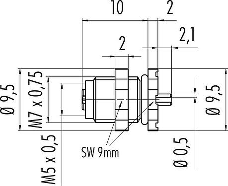 Scale drawing M5 Female panel mount connector, Contacts: 3, unshielded, THT, IP67, M5x0.5, Rear mounting, potted