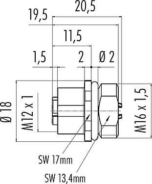 Dibujo a escala M12 Toma de brida, Número de contactos: 4, soldadura, IP67, UL 2238, M16x1,5, Montaje frontal
