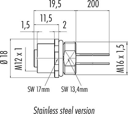 Dibujo a escala M12 Toma de brida, Número de contactos: 4, sin blindaje, hilos, IP68, UL 2238, M16x1,5, Montaje frontal, Acero inoxidable, moldeado