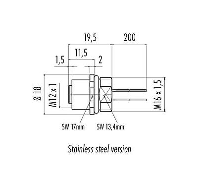 Scale drawing M12 Female panel mount connector, Contacts: 4, unshielded, single wires, IP68, UL 2238, M16x1.5, Front mounting, stainless steel, potted