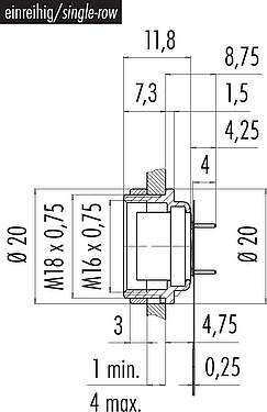 Scale drawing M16 Female panel mount connector, Contacts: 12 (12-a), unshielded, THT, IP40, M18x0,75, Rear mounting