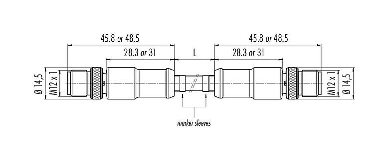 Scale drawing M12 Connecting cable 2 male cable connectors, Contacts: 4, shielded, moulded on the cable, IP67, UL, Ethernet CAT5e, TPE, black, 2 x 2 x AWG 24, 2 m