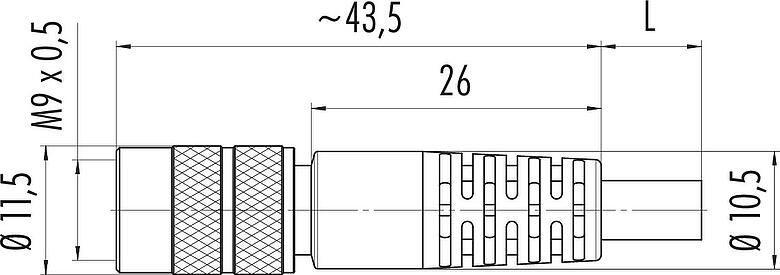 Dessin coté M9 Connecteur femelle, Contacts: 2, blindé, surmoulé sur le câble, IP67, PUR, noir, 5 x 0,25 mm², 2 m