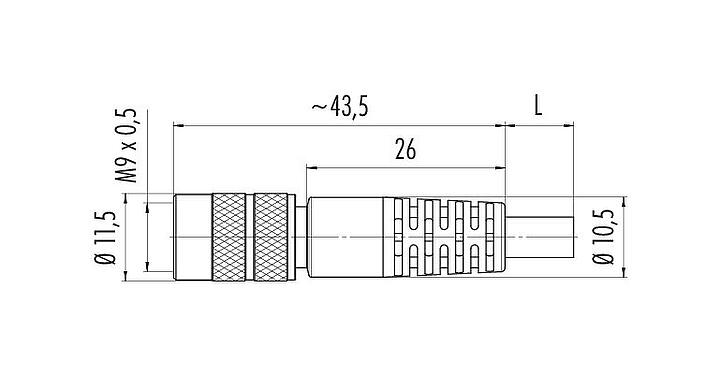 Dibujo a escala M9 Conector de cable hembra, Número de contactos: 2, blindado, moldeado en el cable, IP67, PUR, negro, 5 x 0,25 mm², 2 m