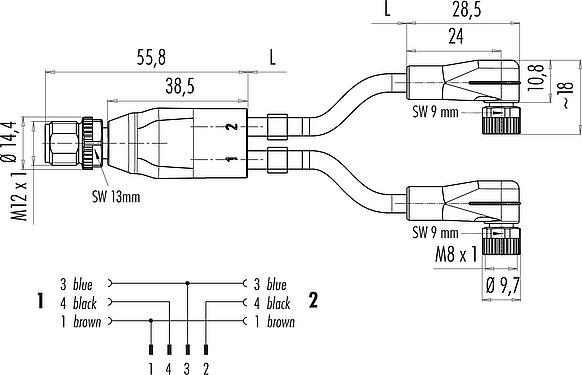 Scale drawing M12/M8 Male cable splitter - 2 female angled connector, Contacts: 4/3, unshielded, moulded on the cable, IP67, UL 2238, PUR, black, 3 x 0.34 mm², with LED PNP closer, 1 m