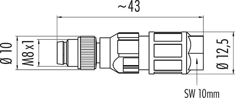 Scale drawing M8 Male cable connector, Contacts: 4, 2.5-5.0 mm, unshielded, IDC, IP67, UL