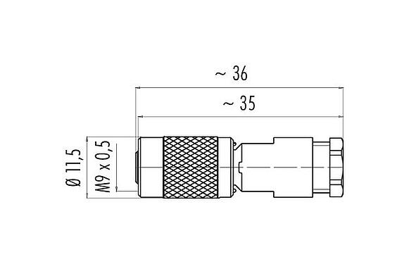 Dibujo a escala M9 Conector de cable hembra, Número de contactos: 4, 3,5-5,0 mm, sin blindaje, soldadura, IP67