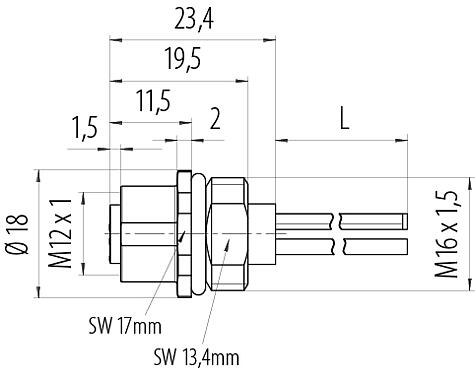 Dessin coté M12 Embase femelle, Contacts: 4, non blindé, fils, IP68, M16x1,5, Montage frontal