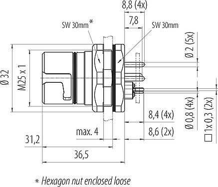 Dibujo a escala B23 Toma de brida, Número de contactos: 9 (4+PE + 4), THT, IP65/IP67, Montaje en pared, con cables trenzados, ENP: Pin de alimentación / Conector de datos