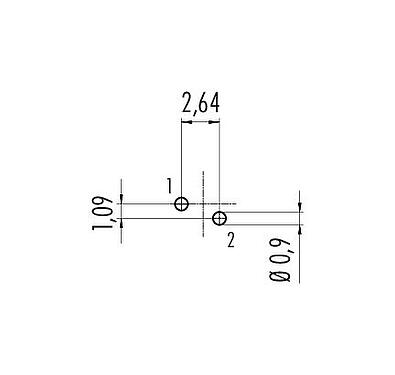 Conductor layout M9 Female panel mount connector, Contacts: 2, unshielded, THT, IP40, M9x0,5, Front mounting