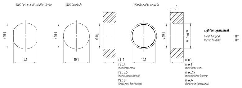 Assembly instructions / Panel cut-out M8 Female panel mount connector, Contacts: 4, unshielded, single wires, IP67, M8x1.0, Rear mounting
