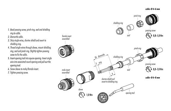 Instrucción de montaje M12 Conector de cable macho, Número de contactos: 4, 6,0-8,0 mm, blindable, abrazadera de alambre, IP67, con anillo de protección