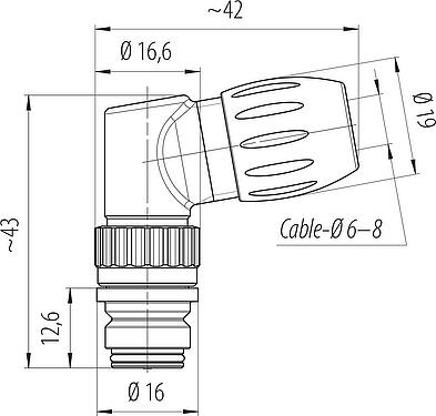 Dibujo a escala Snap-In Conector hembra en ángulo, Número de contactos: 8, 6,0-8,0 mm, sin blindaje, soldadura, IP67