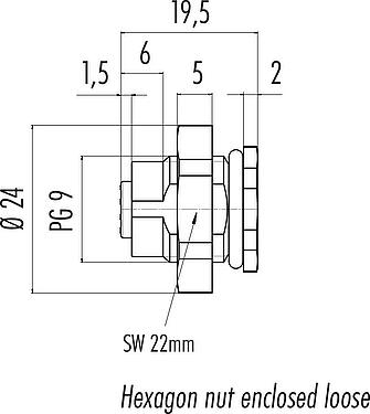 Dessin coté M12 Embase femelle, Contacts: 4, non blindé, souder, IP67, UL 2238, PG 9, Montage mural arrière
