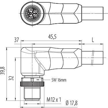 Dibujo a escala M12 Conector macho en ángulo, Número de contactos: 4+PE, sin blindaje, moldeado en el cable, IP68, UL 2238, PUR, negro, 5 x 2,50 mm², 2 m