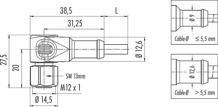 Scale drawing M12 Female angled connector, Contacts: 8, unshielded, moulded on the cable, IP67/IP69K, Ecolab, FDA compliant, Special TPE, grey, 8 x 0.25 mm², stainless steel, 2 m