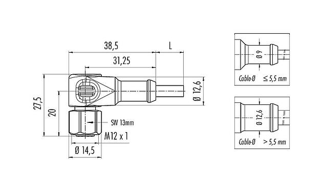 Scale drawing M12 Female angled connector, Contacts: 3, unshielded, moulded on the cable, IP67/IP69K, Ecolab, FDA compliant, Special TPE, grey, 3 x 0.34 mm², stainless steel, 5 m