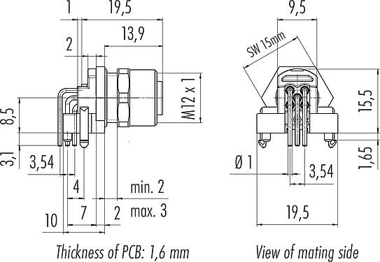 Dibujo a escala M12 Toma de ángulo brida, Número de contactos: 5, blindable, THR, IP68, UL 2238, Montaje frontal, para montaje de PCB