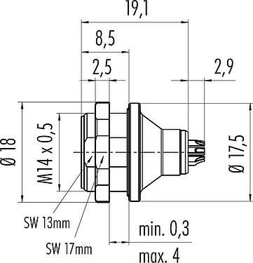 Dibujo a escala Push Pull Enchufe de brida, Número de contactos: 8, blindable, soldadura, IP67, M14x0,5, Montaje en pared