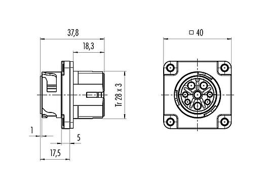 Dibujo a escala Bayoneta Enchufe de brida, Número de contactos: 4+PE, sin blindaje, crimpado (los contactos de crimpado deben pedirse por separado), IP68/IP69K, UL 2238, VDE, Montaje frontal, UV-Beständig
