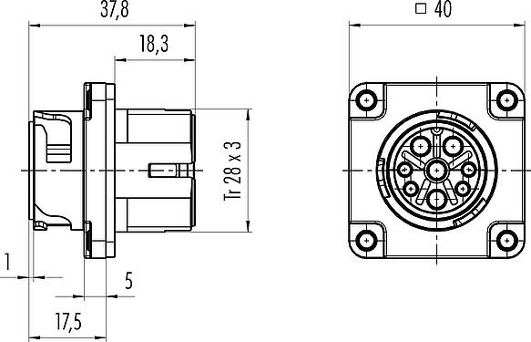 Scale drawing Bayonet Male panel mount connector, Contacts: 4+PE, unshielded, crimping (Crimp contacts must be ordered separately), IP68/IP69K, UL 2238, VDE, Front mounting, UV resistant