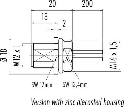 Dessin coté M12 Embase mâle, Contacts: 4, non blindé, fils, IP68, UL 2238, M16x1,5, Montage frontal
