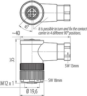 Dessin coté M12 Connecteur femelle coudé, Contacts: 5, 4,0-6,0 mm, non blindé, pince à visser, IP67, UL 2238