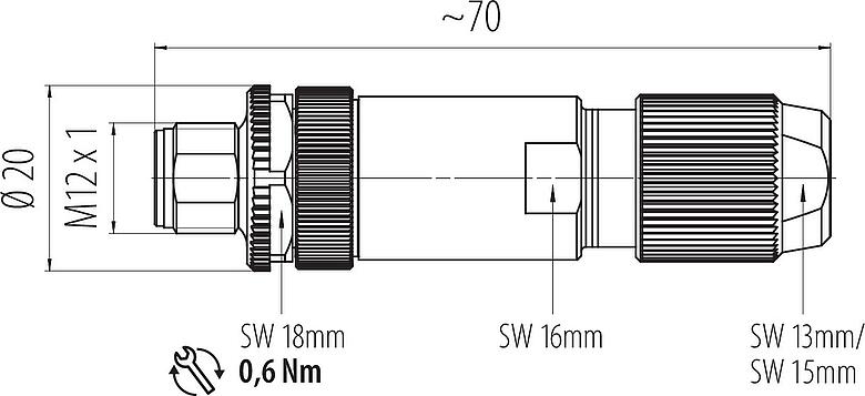 Dibujo a escala M12 Conector de cable macho, Número de contactos: 4, 5,0-8,0 mm, blindable, tornillo extraíble, IP67, UL 2238, Pluma de iris