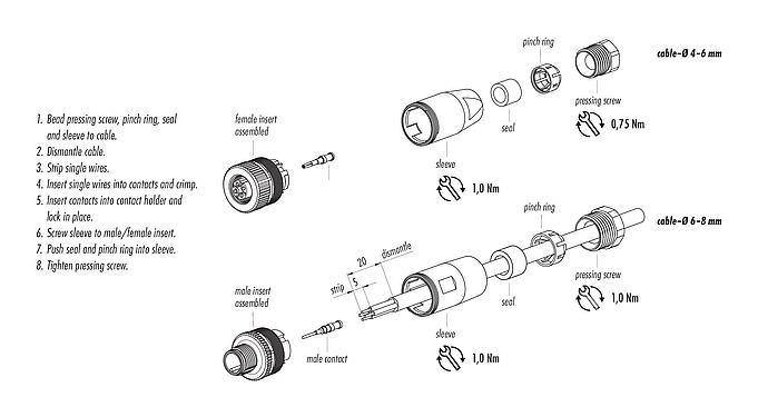 Instructions de montage M12 Connecteur mâle, Contacts: 4, 4,0-6,0 mm, non blindé, sertir (Les contacts à sertir doivent être commandés séparément), IP67, UL 2238