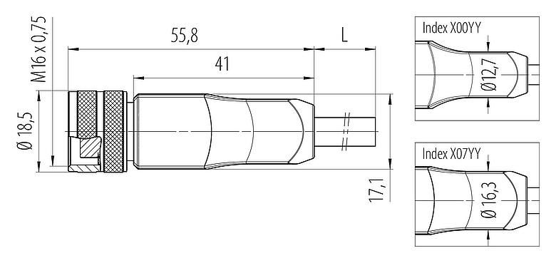 Dibujo a escala M16 Conector de cable hembra, Número de contactos: 12, sin blindaje, moldeado en el cable, IP67, PUR, negro, 12 x 0,25 mm², 2 m