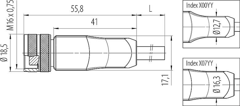 Dessin coté M16 Connecteur femelle, Contacts: 12, non blindé, surmoulé sur le câble, IP67, PUR, noir, 12 x 0,25 mm², 2 m