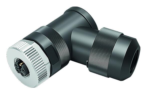 Ilustración M12 Conector hembra en ángulo, Número de contactos: 4+PE, 8,0-13,0 mm, sin blindaje, tornillo extraíble, IP67, UL 2238