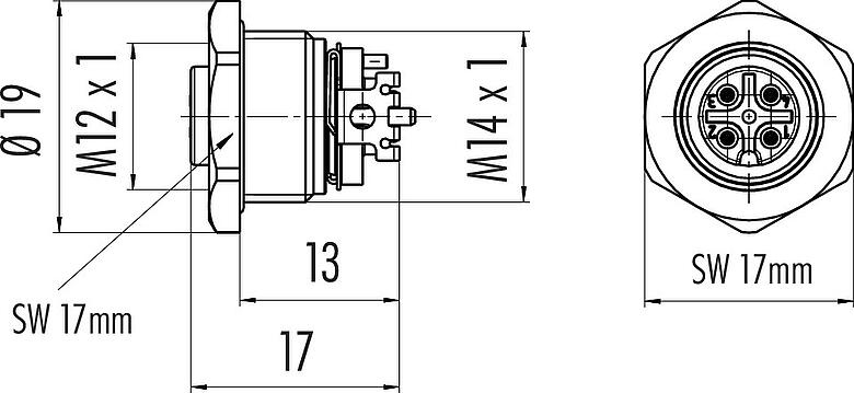 Dibujo a escala M12 Toma de brida, Número de contactos: 4, blindable, SMT, IP67, M14x1,0, Montaje frontal