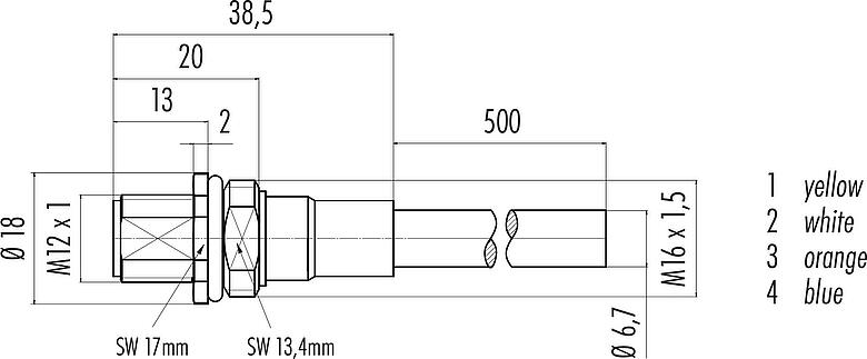 Dibujo a escala M12 Enchufe de brida, Número de contactos: 4, blindado, con cables ensamblado, IP67, UL, M16x1,5, Profinet, PUR, verde, 2 x 2 x AWG 22, Montaje frontal, 0,5 m
