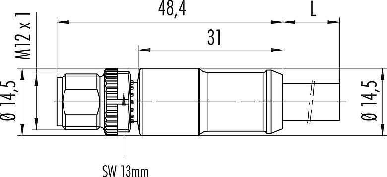 Dibujo a escala M12 Conector de cable macho, Número de contactos: 4, sin blindaje, moldeado en el cable, IP68, PUR, negro, 4 x 1,50 mm², 2 m