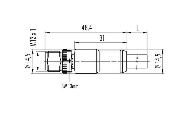 Scale drawing M12 Male cable connector, Contacts: 4, unshielded, moulded on the cable, IP68, PUR, black, 4 x 1.50 mm², 2 m