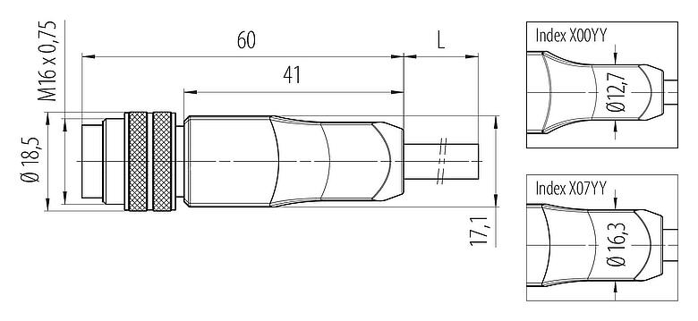 Dessin coté M16 Connecteur mâle, Contacts: 12, non blindé, surmoulé sur le câble, IP67, PUR, noir, 12 x 0,25 mm², 5 m