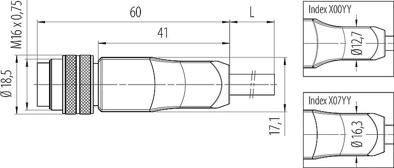 Dessin coté M16 Connecteur mâle, Contacts: 12, non blindé, surmoulé sur le câble, IP67, PUR, noir, 12 x 0,25 mm², 5 m