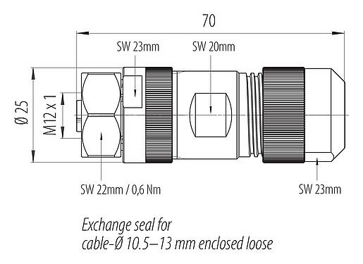 Dibujo a escala M12 Conector de cable hembra, Número de contactos: 4+FE, 8,0-13,0 mm, sin blindaje, tornillo extraíble, IP67, M12x1,0, Acero inoxidable