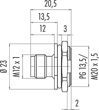 Dibujo a escala M12 Enchufe de brida, Número de contactos: 4, sin blindaje, soldadura, IP67, UL 2238, PG 13,5, Montaje frontal