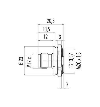 Dessin coté M12 Embase mâle, Contacts: 5, non blindé, souder, IP67, UL 2238, M20x1,5, Montage frontal