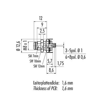 Scale drawing M8 Male panel mount connector, Contacts: 8, shieldable, THT, IP67, UL 2238, M8x1.0, Rear mounting, potted