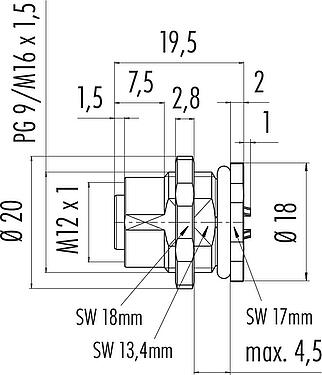 Scale drawing M12 Female panel mount connector, Contacts: 8, unshielded, solder, IP68, UL 2238, M16x1.5, Rear mounting
