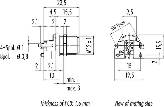 Dessin coté M12 Embase mâle, Contacts: 4, non blindé, THR, IP68, UL 2238, M12x1,0, Montage mural arrière, pour assemblage PCB, conception en deux parties