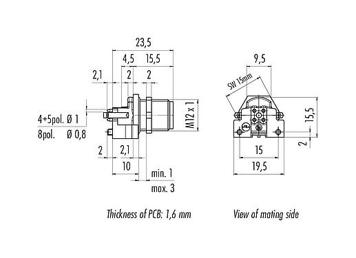Dibujo a escala M12 Enchufe de brida, Número de contactos: 4, blindable, THR, IP68, UL 2238, M12x1,0, Montaje en pared, para montaje de PCB