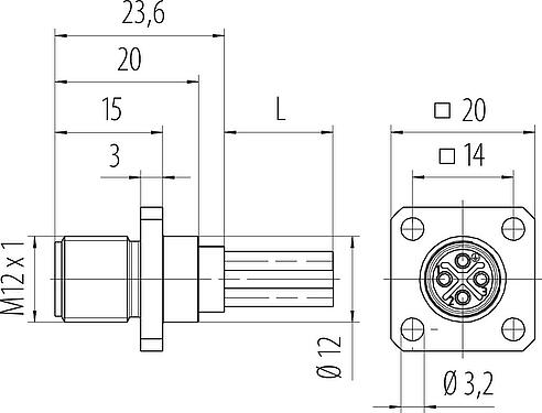 Dessin coté M12 Embase mâle, carré, Contacts: 4, non blindé, fils, IP40, UL 2238, M3 (4x), Montage frontal, coulé
