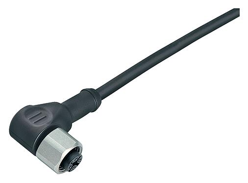 Illustration M12 Female angled connector, Contacts: 4, unshielded, moulded on the cable, IP67/IP69K, UL 2238, PUR, black, 4 x 0.34 mm², stainless steel, 10 m